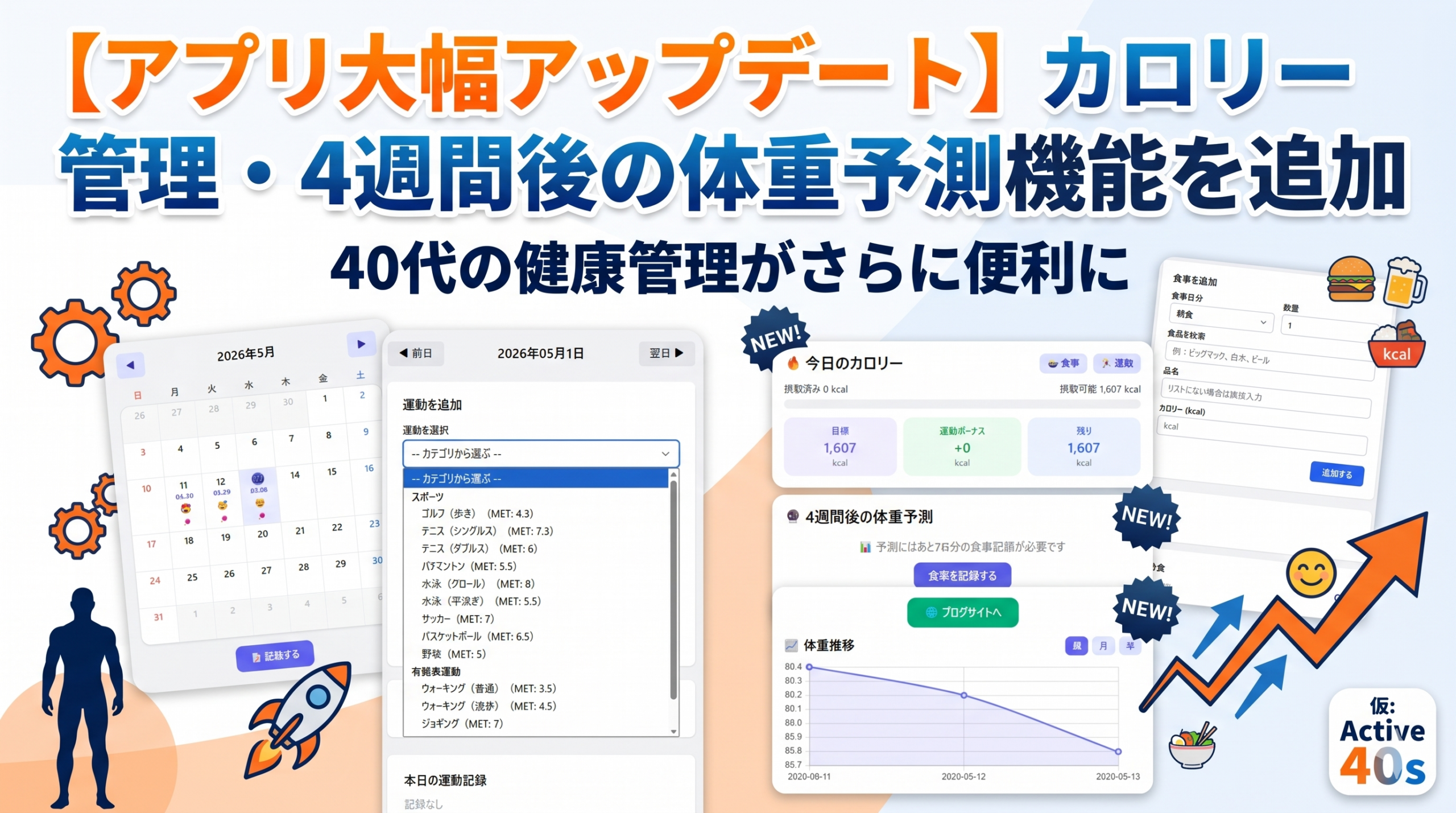 【アプリ大幅アップデート】カロリー管理・4週間後の体重予測機能を追加｜40代の健康管理がさらに便利に