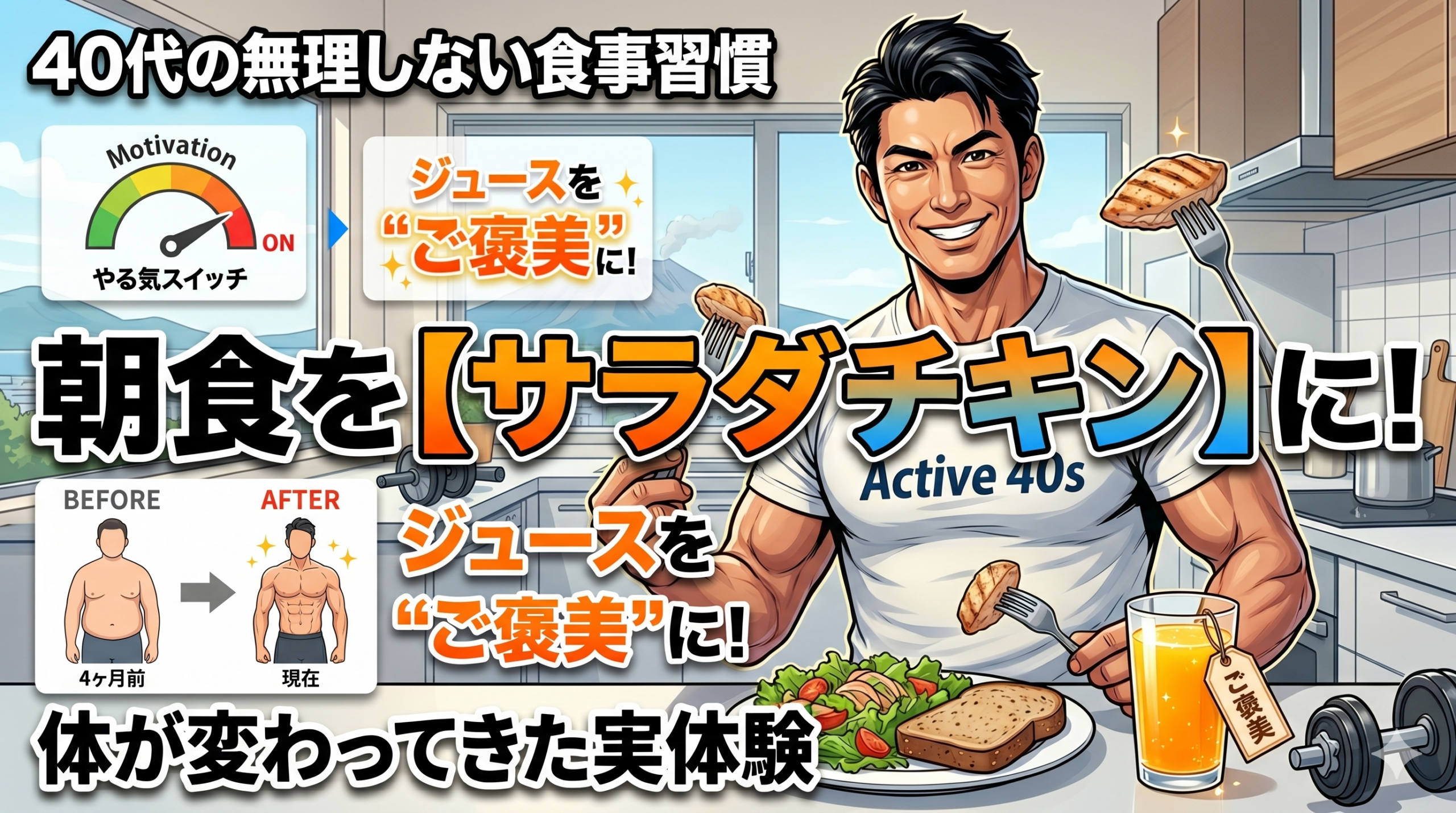 40代の無理しない食事習慣｜朝食をサラダチキンに変えてジュースをご褒美にしたら体が変わってきた